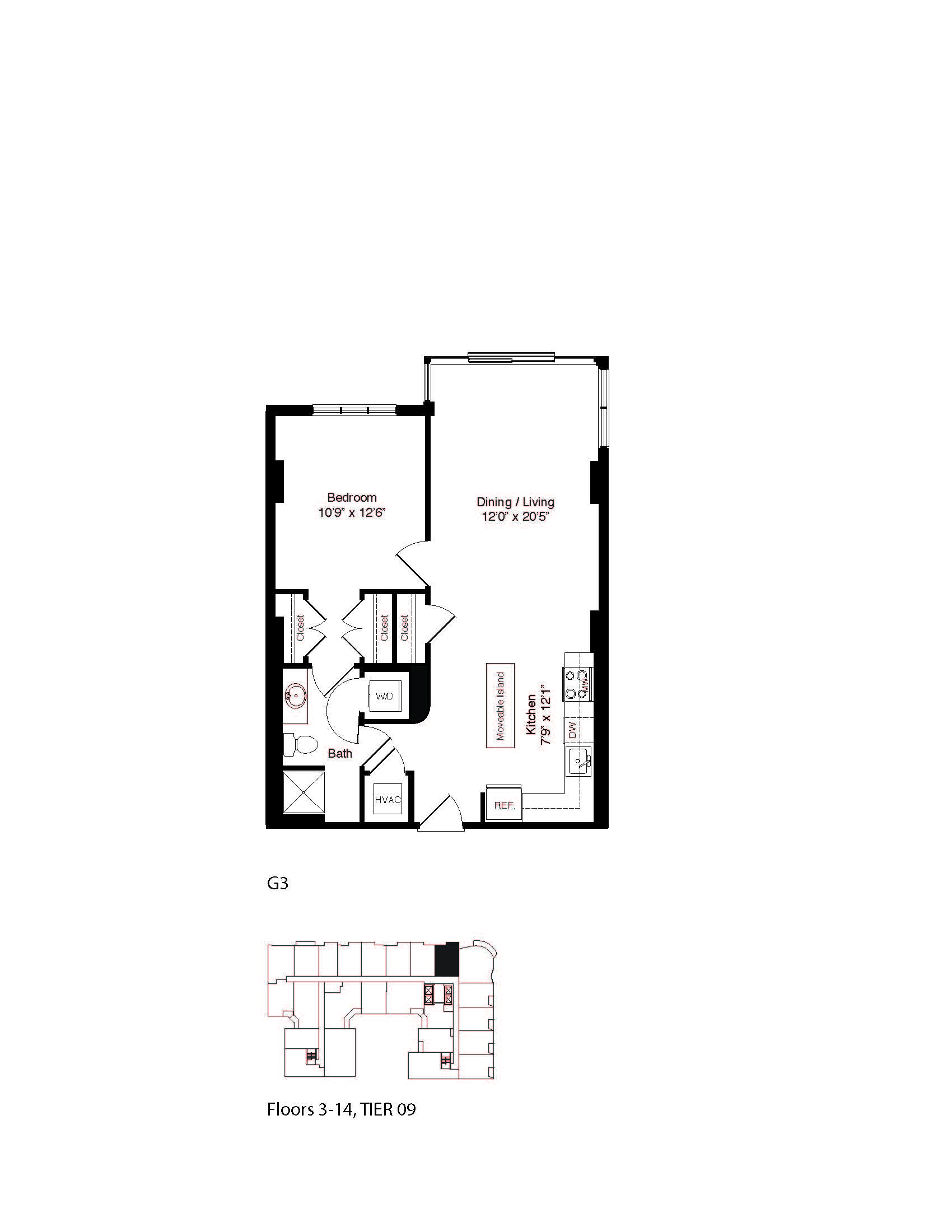 Floor plan for 1 bed, 1 bath, 759 sqft